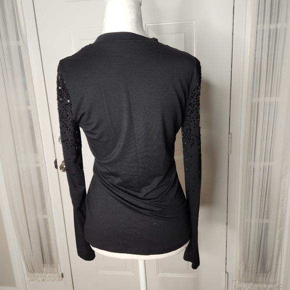 INC International Concepts Black Sequin Long Sleeve Top  Size Small - Picture 2 of 6